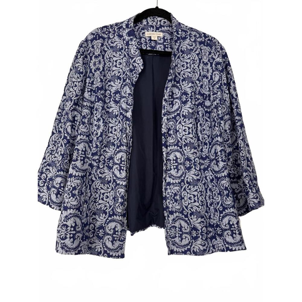 Coldwater Creek Women's 18 Open Linen blended Long Sleeve paisley Blazer Blue